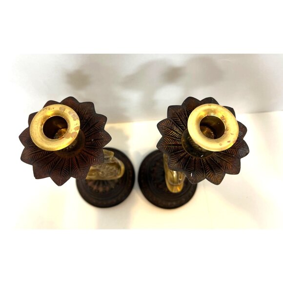 Vintage Brass Koi Dolphin Candlestick Holders Ornate Patina Base Leaf Design - Picture 5 of 7